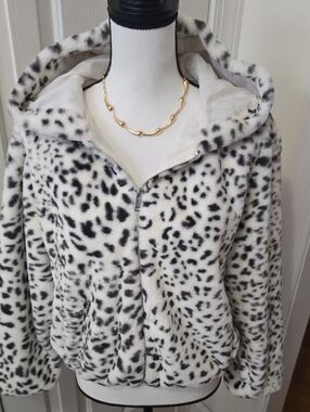Arizona Jean Co Brand Womens Junior Faux Fur Leopard Print Hooded Jacket Size XS